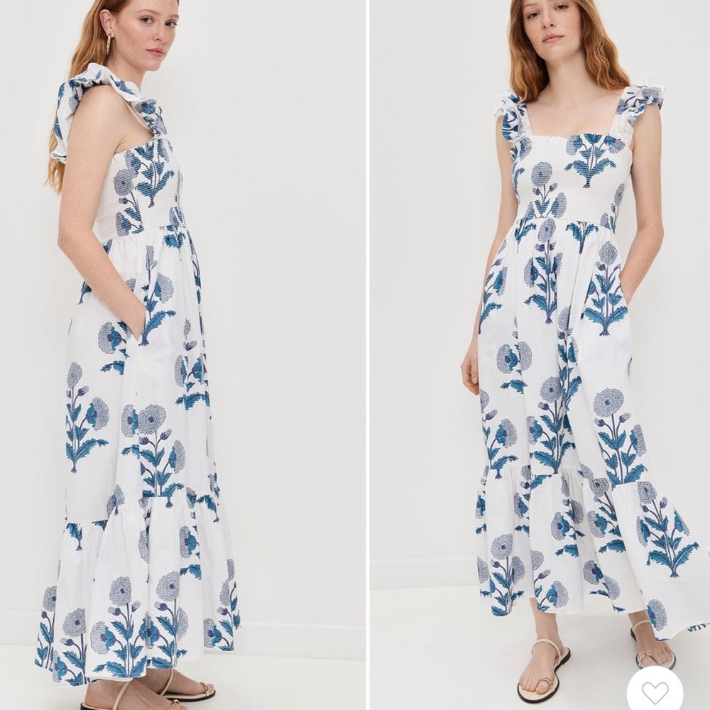 Smocked Square-Neck White Maxi Dress with Blue Floral Print - Picture 2 of 10